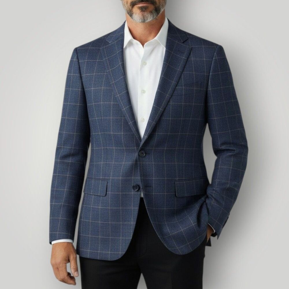 JOSEPH ABBOUD 46R Navy Plaid Mens Blazer Sport Coat Suit Jacket Classic fit